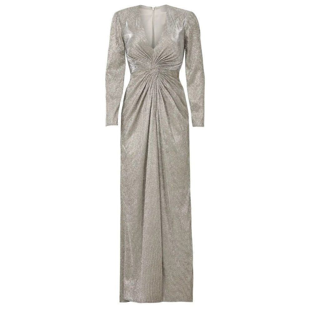 Ieena for Mac Duggal Silver Sequin Side Slit Ruched V-neck Gown Size 4 - Picture 7 of 7